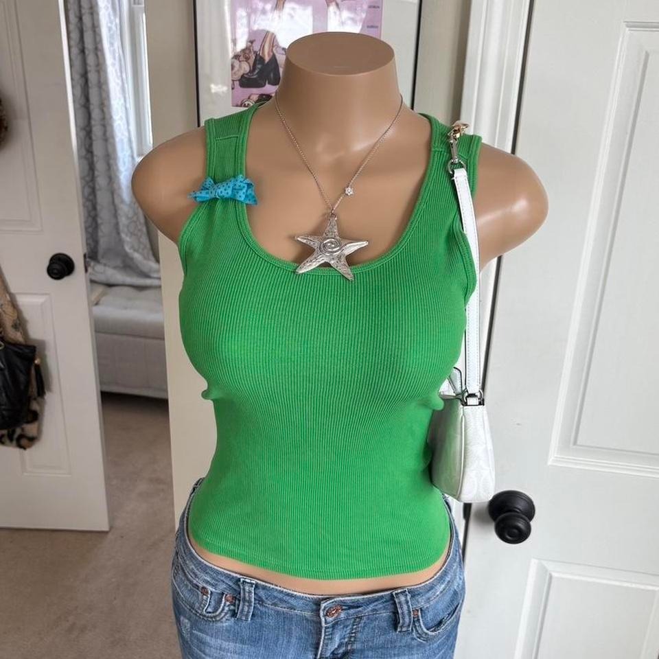 Y2k 2000s Fairy Vibrant Green Ribbed Bow Tank Top